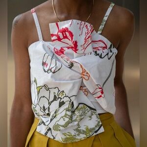 The DROP - Floral Print Draped Cami Top in White and Green